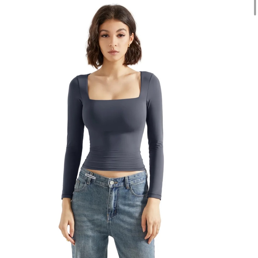 Square Neck Long Sleeve Slim Top - SUUKSESS